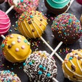 delicious cake pops decorated with frosting chocolate and sprinkles Royalty Free Stock Photo