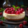 Delicious cake with raspberries on top, placed on wooden table. There are also some leaves and flowers around cake. A