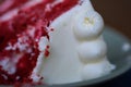 delicious cake red Velvet white creamy airy. cake layers with fork crush dessert close-up macro of layers of cake layers