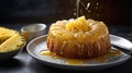 Delicious Pineapple Upside Down Cake Glazed with Sweet Syrup on a White Plate Royalty Free Stock Photo