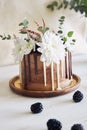 Delicious cake with white and brown chocolate swirly with flowers and blackberries on a table