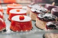 Delicious cakes and desserts in a traditional cafe patisserie