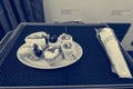 Delicious canape finger food appetizers served on airplane business class seats. Royalty Free Stock Photo