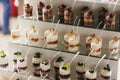 Delicious candy bar at wedding reception. White and chocolate desserts with fruits and cream, cupcakes on stand, modern sweet