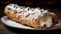 Delicious Cannoli With Cream And Chocolate Chips - Elongated And Dramatic Pastry