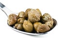 Delicious capers in silver spoon on white Royalty Free Stock Photo