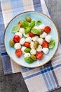 Delicious caprese salad with ripe cherry tomatoes and mini mozzarella cheese balls with fresh basil leaves Royalty Free Stock Photo