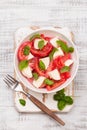Delicious caprese salad with ripe tomatoes and mozzarella cheese with fresh basil leaves. Italian food. Royalty Free Stock Photo