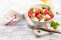 Delicious caprese salad with ripe tomatoes and mozzarella cheese with fresh basil leaves. Italian food. Royalty Free Stock Photo