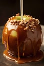 Delicious caramel apple wooden stick on plate. Ai Generated