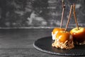 Delicious caramel apples with tree branches on slate plate Royalty Free Stock Photo