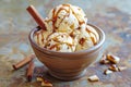 Delicious Caramel Drizzled Vanilla Ice Cream with Cinnamon Sticks in a Ceramic Bowl on Rustic Table Royalty Free Stock Photo