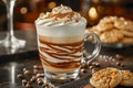 Delicious Caramel Macchiato Coffee in Glass with Whipped Cream Beside Fresh Cookies and Coffee Beans on Wooden Table
