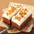 Delicious carrot or spice cake topped with creamy cheese frosting.
