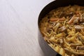 Delicious casserole noodles with pieces of beef and vegetables