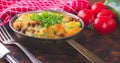 Delicious casserole of zucchini and minced meat. Casserole with herbs. A nice dinner. A hot dinner.