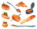 Delicious caviare snack and canape, pancakes, roll and sandwich with canned caviar. Seafood product of red fish and