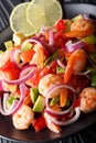 Delicious ceviche of shrimp with vegetables, spices and lime close up on a plate. vertical Royalty Free Stock Photo