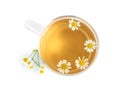 Delicious chamomile tea in glass cup isolated, top view Royalty Free Stock Photo
