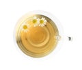 Delicious chamomile tea in glass cup isolated, top view Royalty Free Stock Photo
