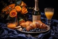 Delicious champagne breakfast served on a cozy bed, captured from a top-down perspective Royalty Free Stock Photo