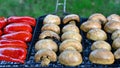 Delicious champignons and juicy red pepper on the grill on the coals close-up. Royalty Free Stock Photo