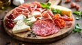 Delicious charcuterie board with assorted meats, cheeses, and fresh herbs Royalty Free Stock Photo