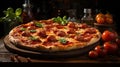 Delicious Cheese Pizza with Red Tomatoes on Wooden Table on Blurry Background