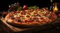 Delicious Cheese Pizza with Red Tomatoes on Wooden Table on Blurry Background