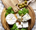 Delicious cheese plate with cheeses Dorblu, Brie, Camembert, with basil on wooden board Royalty Free Stock Photo