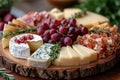 Delicious cheese platter with grapes jamon prosciutto and rosemary on wooden background Royalty Free Stock Photo