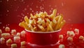 Delicious Cheese Poutine Fries in Red Bowl with Splashing Sauce on Vibrant Red Background