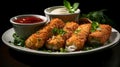 Delicious cheese sticks with sauces. Street food, beer snacks. AI generated