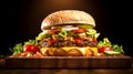 Delicious Freshness: Gourmet Hamburger with Cheese, Meat, and Fresh Vegetables on a Dark Background