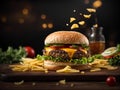 Floating delicious cheeseburger, classic comfort food that is enjoyed by people of all ages, Cinematic advertising photography