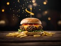 Floating delicious cheeseburger, classic comfort food that is enjoyed by people of all ages, Cinematic advertising photography