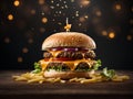 Floating delicious cheeseburger, classic comfort food that is enjoyed by people of all ages, Cinematic advertising photography