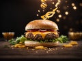 Floating delicious cheeseburger, classic comfort food that is enjoyed by people of all ages, Cinematic advertising photography