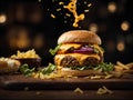 Floating delicious cheeseburger, classic comfort food that is enjoyed by people of all ages, Cinematic advertising photography