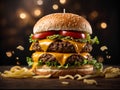 Floating delicious cheeseburger, classic comfort food that is enjoyed by people of all ages, Cinematic advertising photography