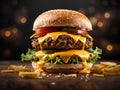 Floating delicious cheeseburger, classic comfort food that is enjoyed by people of all ages, Cinematic advertising photography