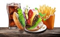 Delicious cheeseburger with cola and potato fries on the white background. Fast food concept. File contains clipping path
