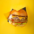 Delicious cheeseburger coming out of yellow colored background