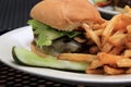 Delicious cheeseburger,french fries and pickle Royalty Free Stock Photo