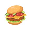 Delicious cheeseburger with meat. Tempting American burger. Savoury sandwich with cheese. Restaurant of fast food