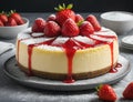 Delicious Cheesecake with a layer of strawberry compote and a dusting of powdered sugar