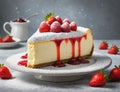 Delicious Cheesecake with a layer of strawberry compote and a dusting of powdered sugar