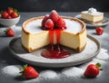 Delicious Cheesecake with a layer of strawberry compote and a dusting of powdered sugar