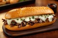 Delicious cheesesteak sandwich with melted cheese and caramelized onions on rustic board Royalty Free Stock Photo
