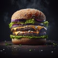 Delicious cheesy hamburger on dark background fresh burger restaurant fast food